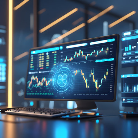 Modern computer screen with glowing forex candlestick chart. Financial trading concept. 3D Renderingの素材
