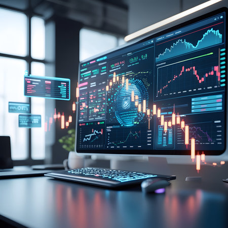 Close up of modern office desktop with computer and abstract glowing forex chart. Finance and trade concept. 3D Renderingの素材