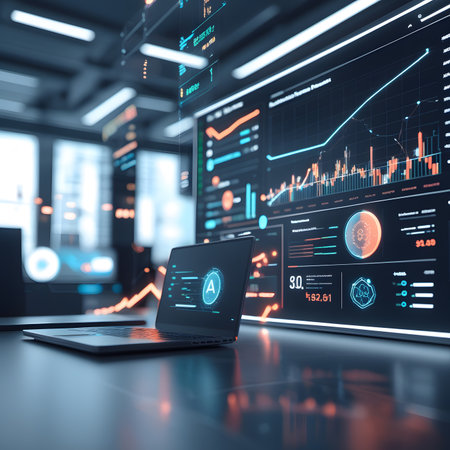 Laptop with abstract financial chart on blurry background. 3D Renderingの素材
