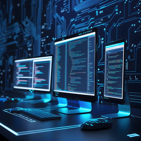 Computer screen with coding and programming languages, 3d rendering. Computer technology conceptの素材