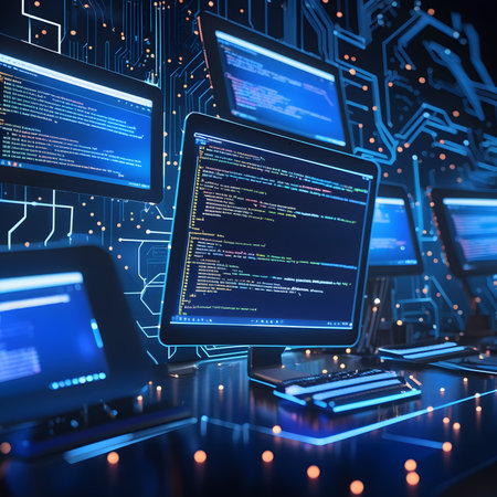 3d rendering of computer screen with coding and programming languages on blue backgroundの素材
