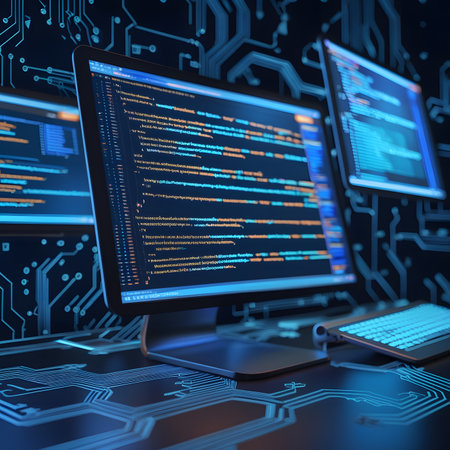 3d render of computer with programming code on screen in dark roomの素材