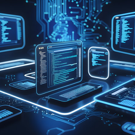 Abstract blue background with circuit board and laptop. 3D Renderingの素材