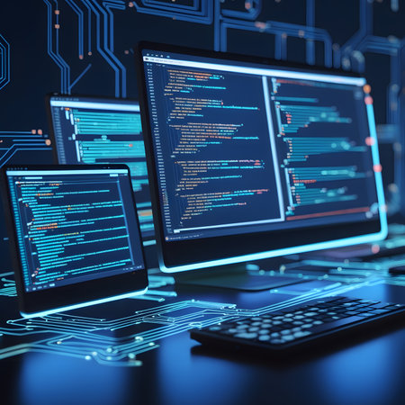 Computer monitors with binary code on blue background, 3d rendering toned imageの素材