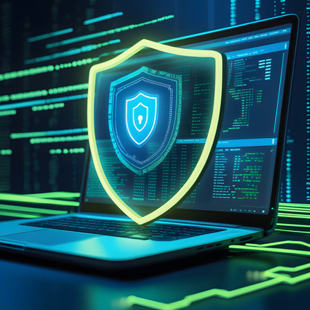 Laptop protected with shield on a dark background. 3d rendering.の素材