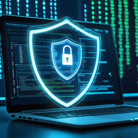 Cyber security concept with shield on laptop screen. 3D Renderingの素材
