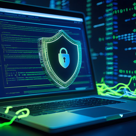 Cyber security concept. Shield with padlock on laptop screen. 3d illustrationの素材
