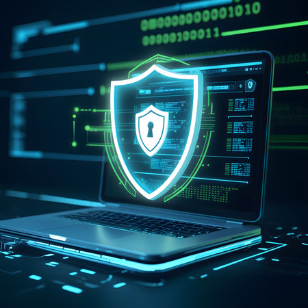 Cyber security concept with laptop and shield. 3D Renderingの素材