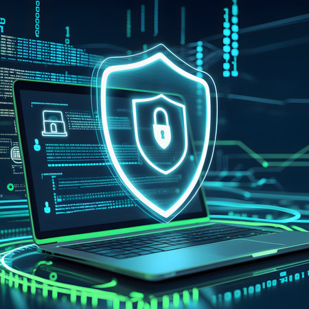 Laptop with shield and padlock on blue background, 3d renderの素材