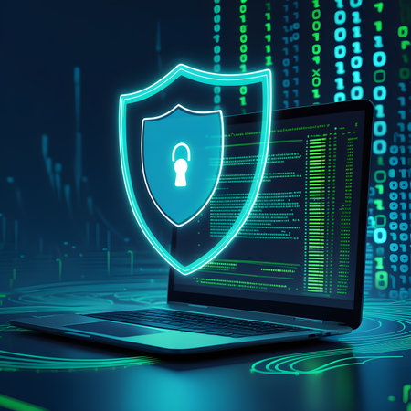 Data security concept with laptop and shield. 3d rendering toned imageの素材