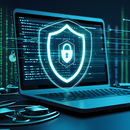Laptop with antivirus shield on screen. 3D rendering.の素材