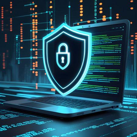 Cyber security concept: laptop with shield and binary code on the backgroundの素材