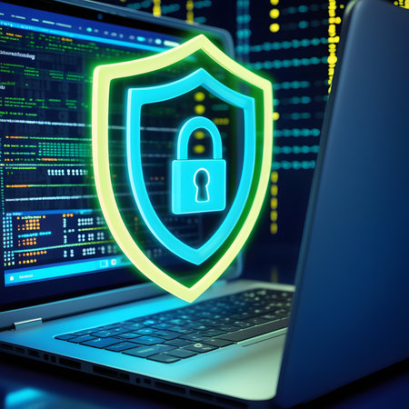 Laptop with security shield on the screen. 3d illustration.の素材