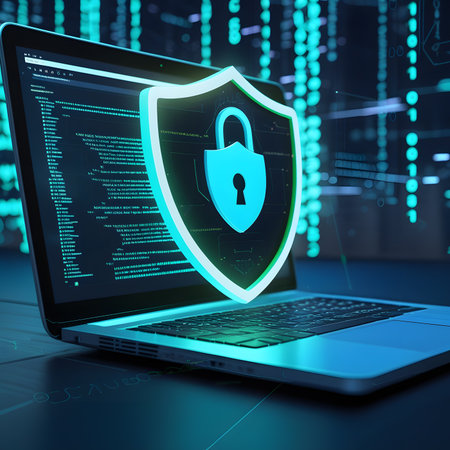 Laptop with shield and padlock on the background of binary codeの素材