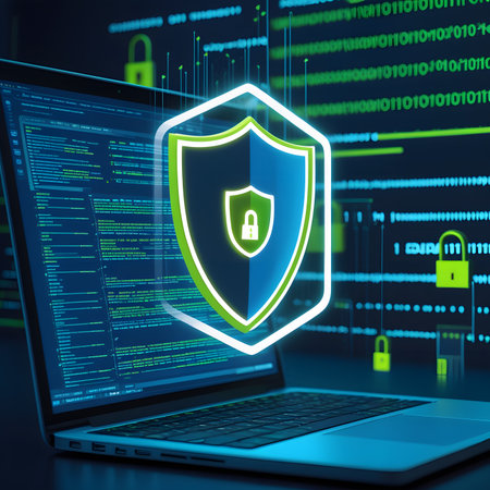 Cyber security concept with laptop and shield. 3D Renderingの素材