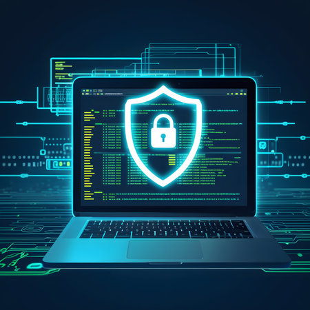 Cyber security concept. Laptop with shield icon on screen. 3D Renderingの素材