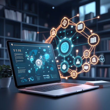 Laptop with glowing digital cloud computing interface. 3D Renderingの素材