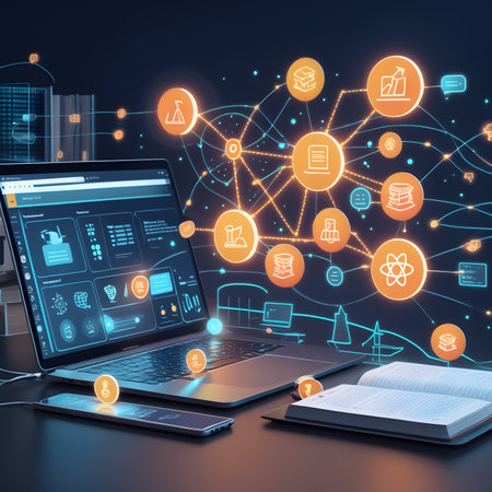 Laptop and notebook with social media icons on screen. 3D renderingの素材