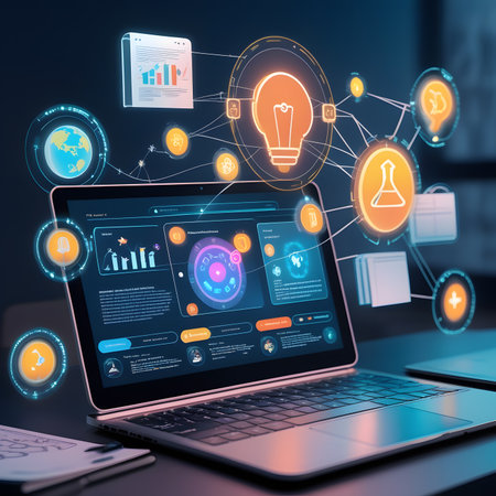 Laptop with glowing lightbulb and icons on dark blue background 3D renderingの素材