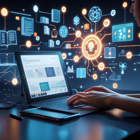 Side view of woman using laptop with digital business interface on dark background. 3D renderingの素材