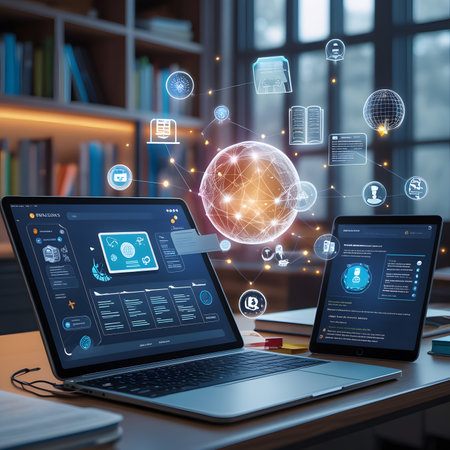 Laptop, mobile phone and tablet pc with social media icons on screen. 3d renderingの素材