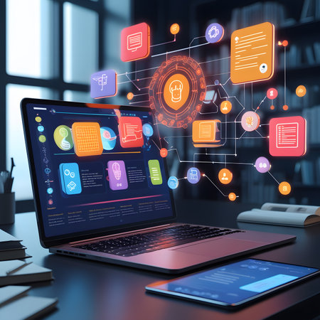 Laptop with social media icons on the screen. 3d renderingの素材