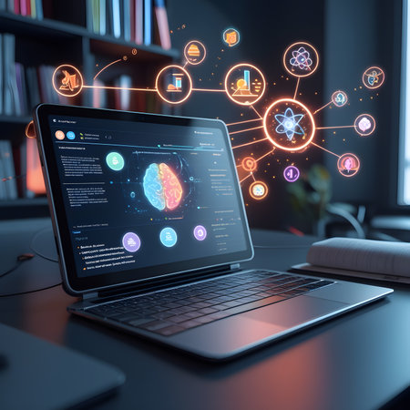 Laptop screen with online education concept. 3d rendering toned imageの素材