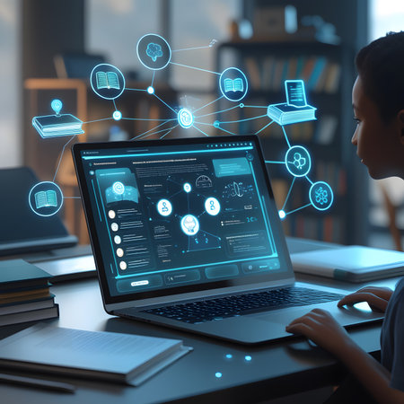 business, education, technology and people concept - close up of woman with laptop computer and virtual screen at home officeの素材