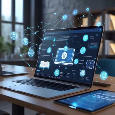 Laptop screen with online education concept. 3d rendering toned imageの素材