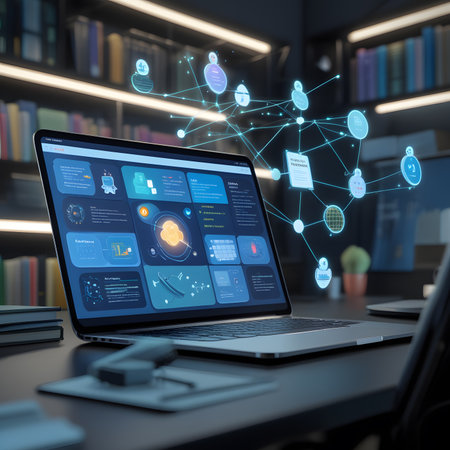 Digital composite of Laptop with social network interface over bookshelfの素材