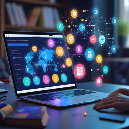 Businessman using a laptop with social media icons. 3d renderingの素材