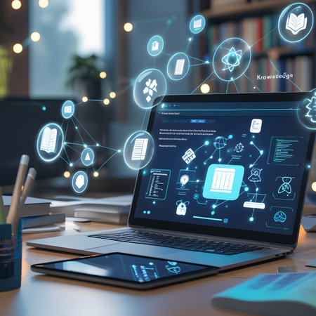 Laptop screen with business icons on blurry background. 3D rendering.の素材