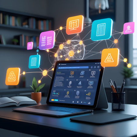 Laptop with application icons on screen. Network concept. 3D Renderingの素材