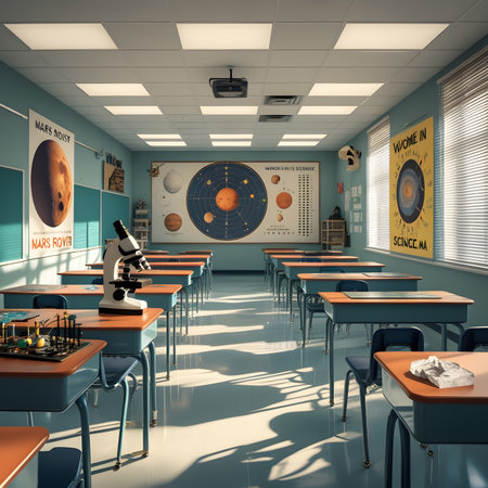 3D render of an empty school classroom with a microscope, books and other itemsの素材