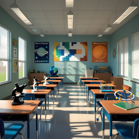 Interior of a modern school classroom. 3d render illustration.の素材