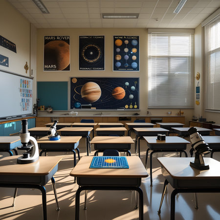 Classroom interior with desks, chairs and science equipment. 3d renderの素材
