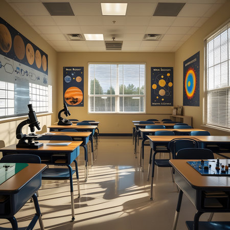 School classroom interior with desks and chairs, 3d render illustration.の素材