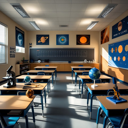 3D render of a science classroom in a school with blackboardの素材