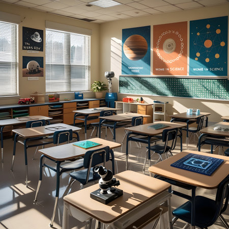 Interior of a school classroom with desk, chairs, desks, books, globe, microscope, books, 3d renderの素材