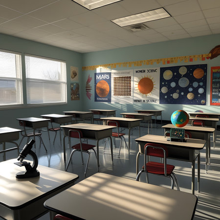 3D render of a school classroom with desks and chairs and a globeの素材