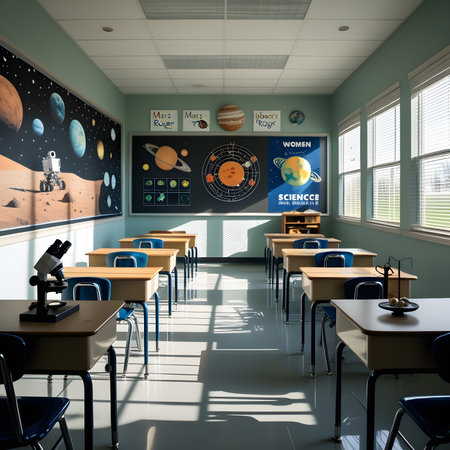 School classroom interior. 3d render concept for education and science.の素材