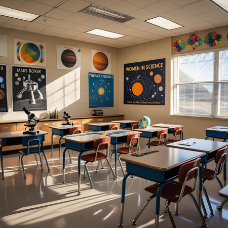 Interior of a school classroom with desks and chairs, 3d renderの素材