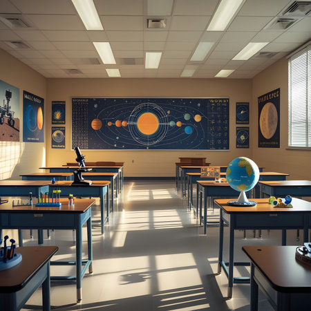 Interior of a school classroom. 3D rendering. Mock upの素材