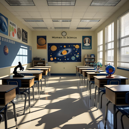 3D render of a school classroom with a microscope in the backgroundの素材