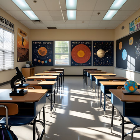 Interior of a school classroom with desks and chairs, 3d renderの素材