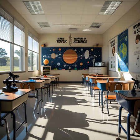3D Illustration of a school classroom with a science theme.の素材