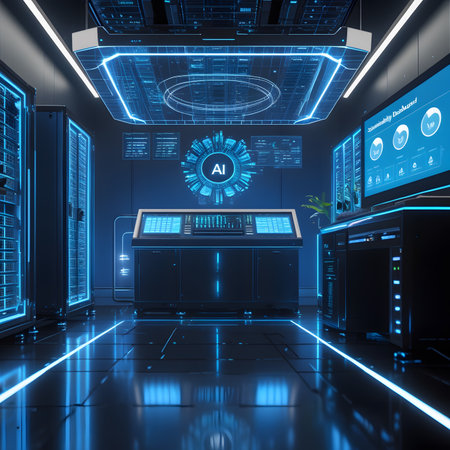 Futuristic server room with blue neon lights 3D rendering.の素材