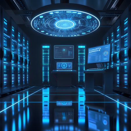 Futuristic server room with blue neon lights. 3d renderingの素材