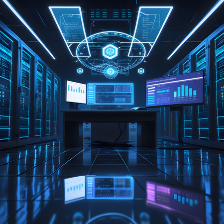 3d rendering of server room with big data center and digital interfaceの素材