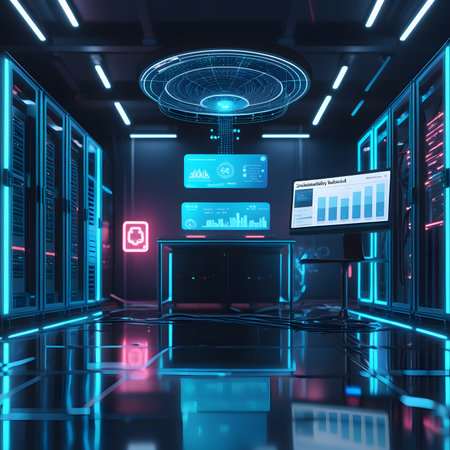 3d render of server room with big data center and blue lightsの素材